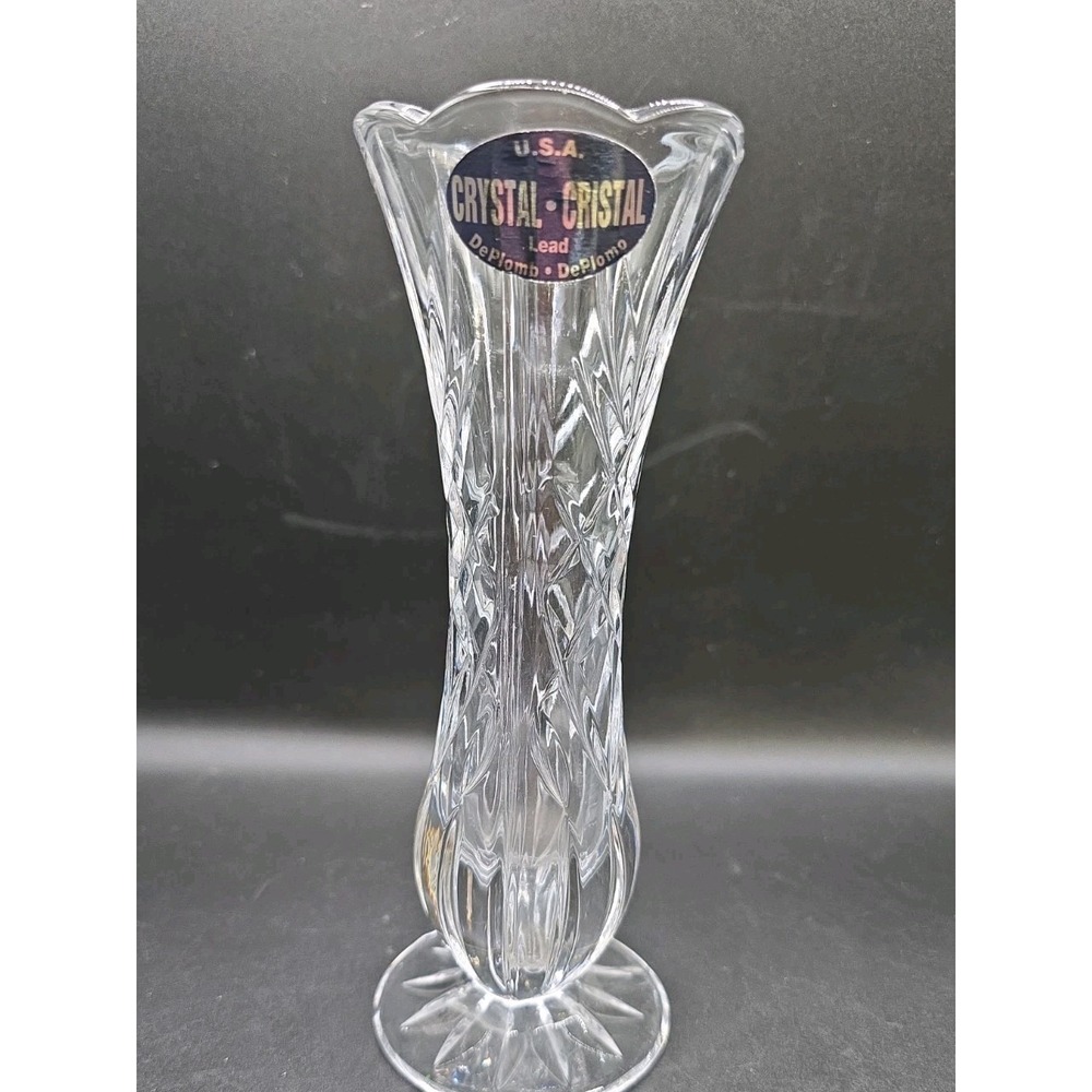 Vtg DePlomb 24% Lead Crystal Fluted Footed Bud Vase 8" Heavy Cut Glass USA